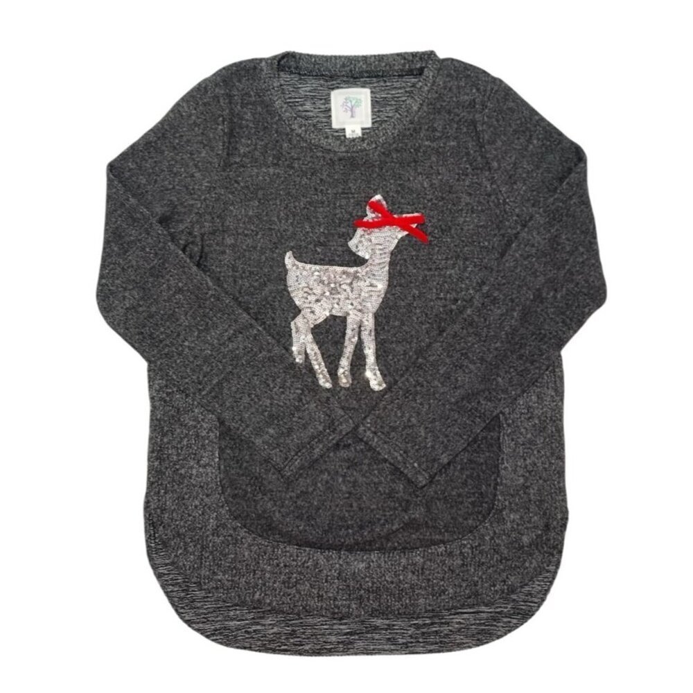 Girls' charcoal grey long-sleeved blouse with sequin deer detail, Size M(10/12)